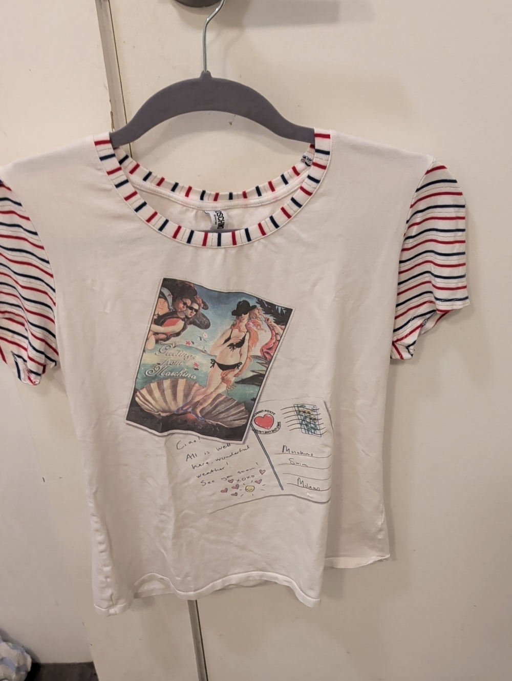 Moschino white tee Unique Design with Red & Navy Striped Sleeves
